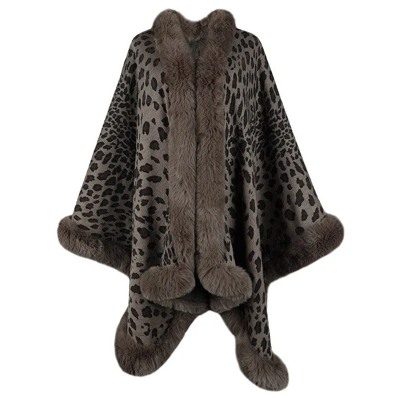 2022 Winter Thick Warm Poncho Fur Collar Cape Coat Women Vintage Leopard Sweater Cardigan Female Batwing Sleeve Shawl