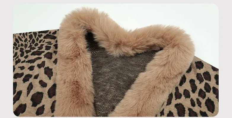 2022 Winter Thick Warm Poncho Fur Collar Cape Coat Women Vintage Leopard Sweater Cardigan Female Batwing Sleeve Shawl