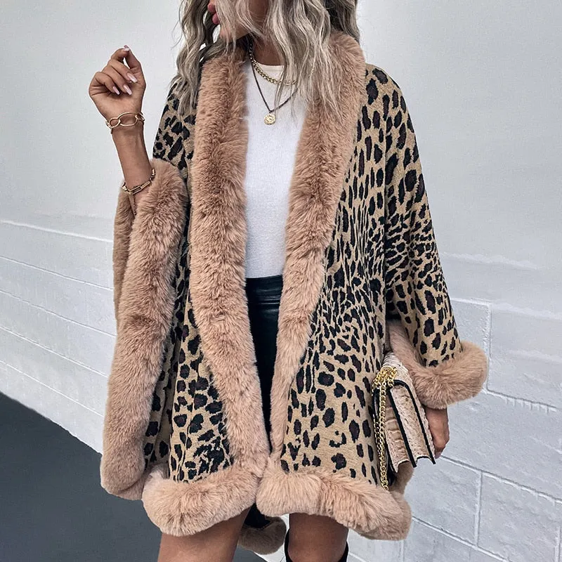 2022 Winter Thick Warm Poncho Fur Collar Cape Coat Women Vintage Leopard Sweater Cardigan Female Batwing Sleeve Shawl