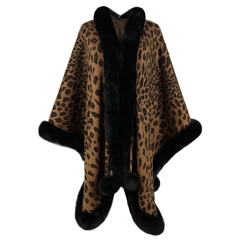 2022 Winter Thick Warm Poncho Fur Collar Cape Coat Women Vintage Leopard Sweater Cardigan Female Batwing Sleeve Shawl