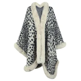2022 Winter Thick Warm Poncho Fur Collar Cape Coat Women Vintage Leopard Sweater Cardigan Female Batwing Sleeve Shawl