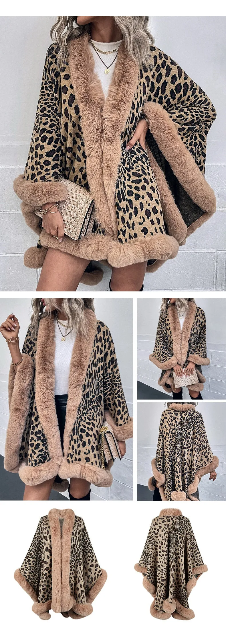 2022 Winter Thick Warm Poncho Fur Collar Cape Coat Women Vintage Leopard Sweater Cardigan Female Batwing Sleeve Shawl