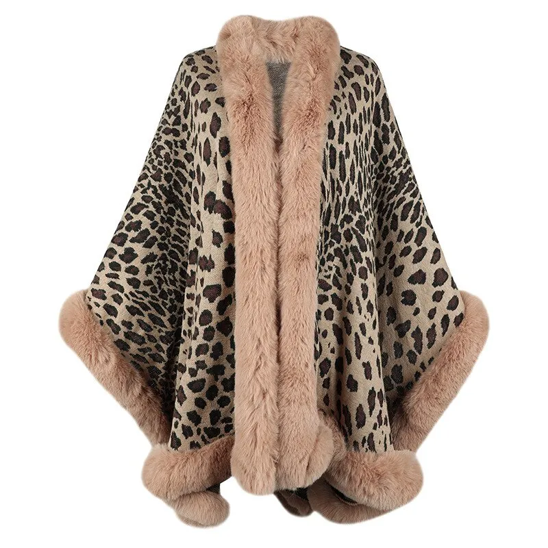 2022 Winter Thick Warm Poncho Fur Collar Cape Coat Women Vintage Leopard Sweater Cardigan Female Batwing Sleeve Shawl