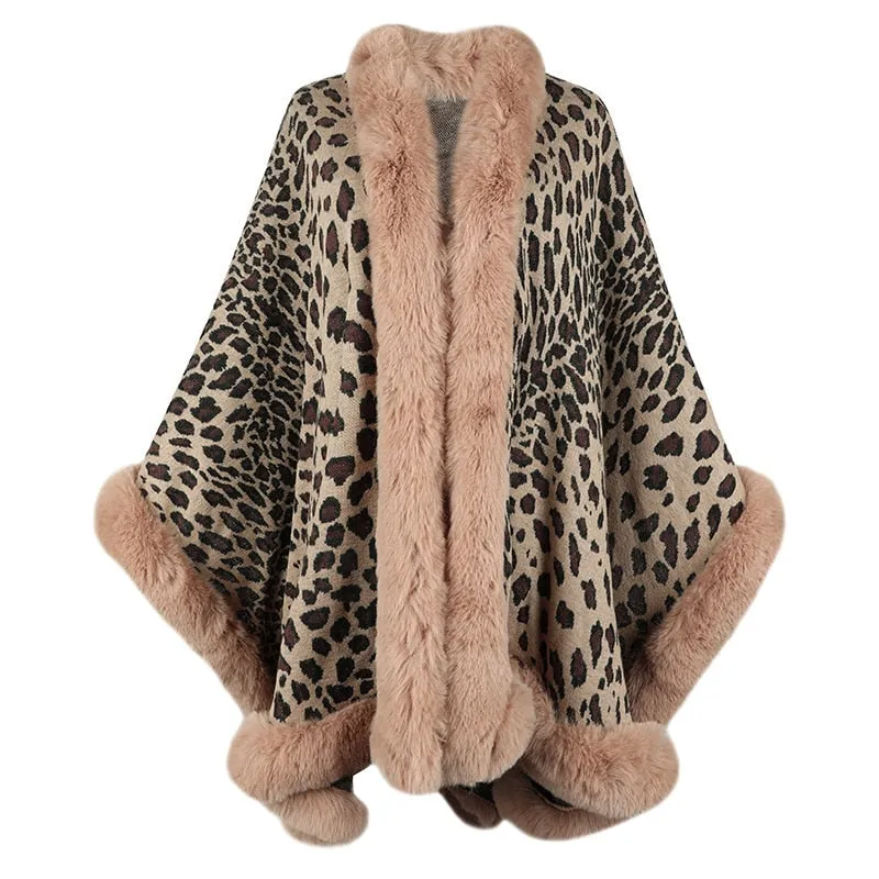 2022 Winter Thick Warm Poncho Fur Collar Cape Coat Women Vintage Leopard Sweater Cardigan Female Batwing Sleeve Shawl