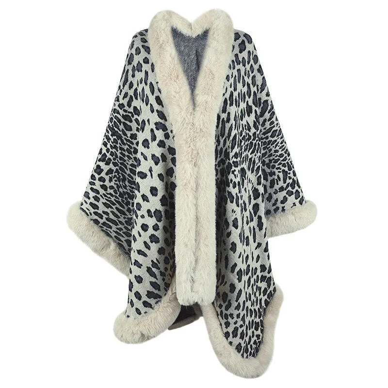 2022 Winter Thick Warm Poncho Fur Collar Cape Coat Women Vintage Leopard Sweater Cardigan Female Batwing Sleeve Shawl