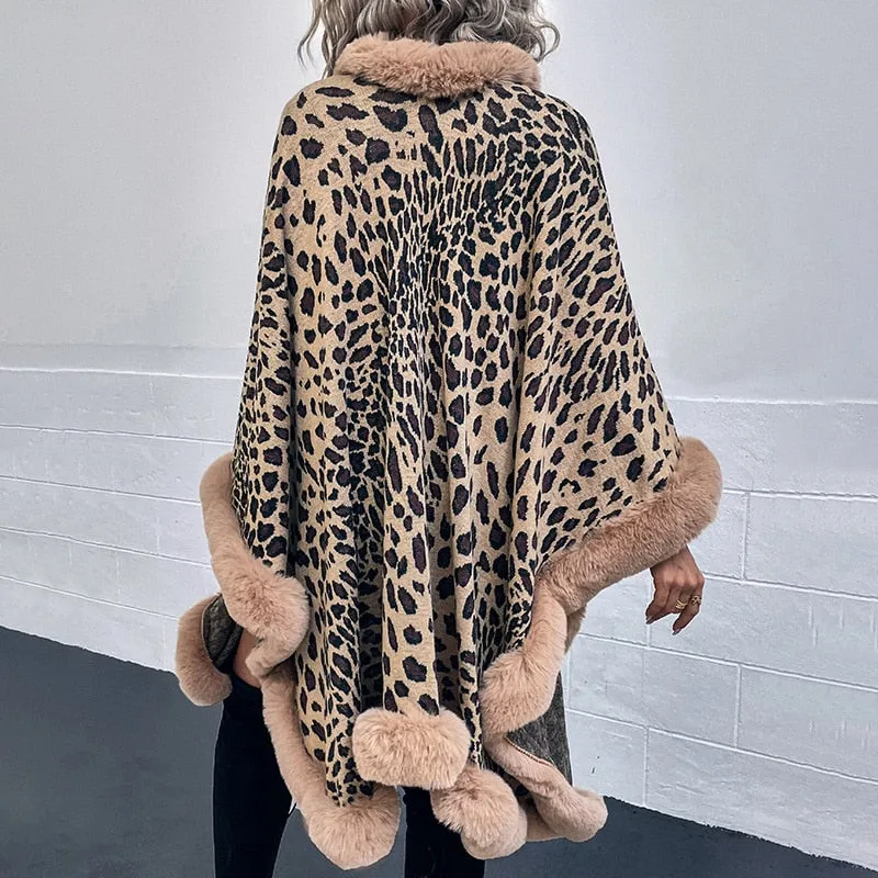 2022 Winter Thick Warm Poncho Fur Collar Cape Coat Women Vintage Leopard Sweater Cardigan Female Batwing Sleeve Shawl