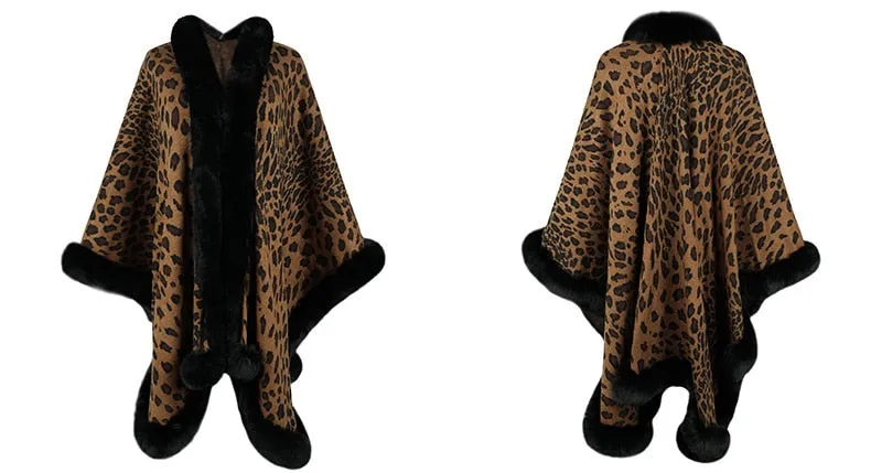 2022 Winter Thick Warm Poncho Fur Collar Cape Coat Women Vintage Leopard Sweater Cardigan Female Batwing Sleeve Shawl