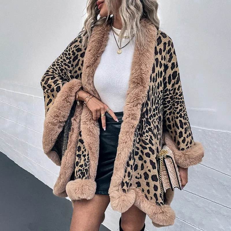 2022 Winter Thick Warm Poncho Fur Collar Cape Coat Women Vintage Leopard Sweater Cardigan Female Batwing Sleeve Shawl