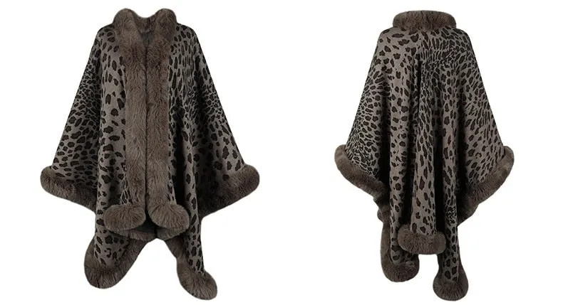2022 Winter Thick Warm Poncho Fur Collar Cape Coat Women Vintage Leopard Sweater Cardigan Female Batwing Sleeve Shawl