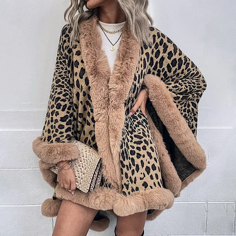 2022 Winter Thick Warm Poncho Fur Collar Cape Coat Women Vintage Leopard Sweater Cardigan Female Batwing Sleeve Shawl