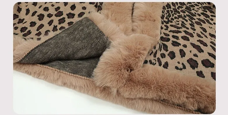 2022 Winter Thick Warm Poncho Fur Collar Cape Coat Women Vintage Leopard Sweater Cardigan Female Batwing Sleeve Shawl