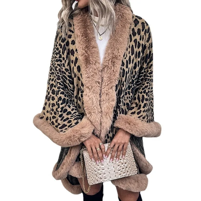 2022 Winter Thick Warm Poncho Fur Collar Cape Coat Women Vintage Leopard Sweater Cardigan Female Batwing Sleeve Shawl
