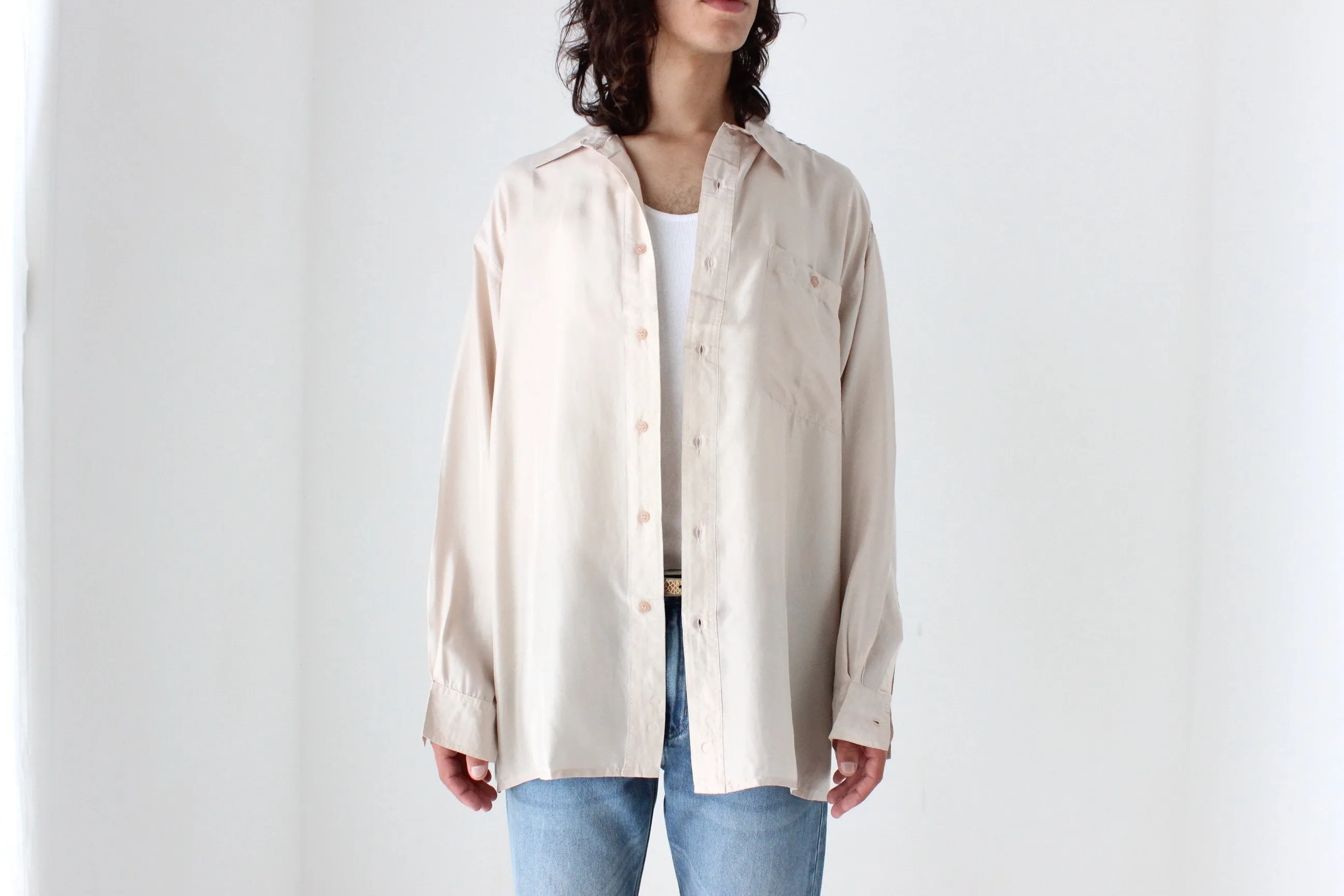 80s PURE SILK Relaxed Long Sleeve Shirt in Neutral Beige