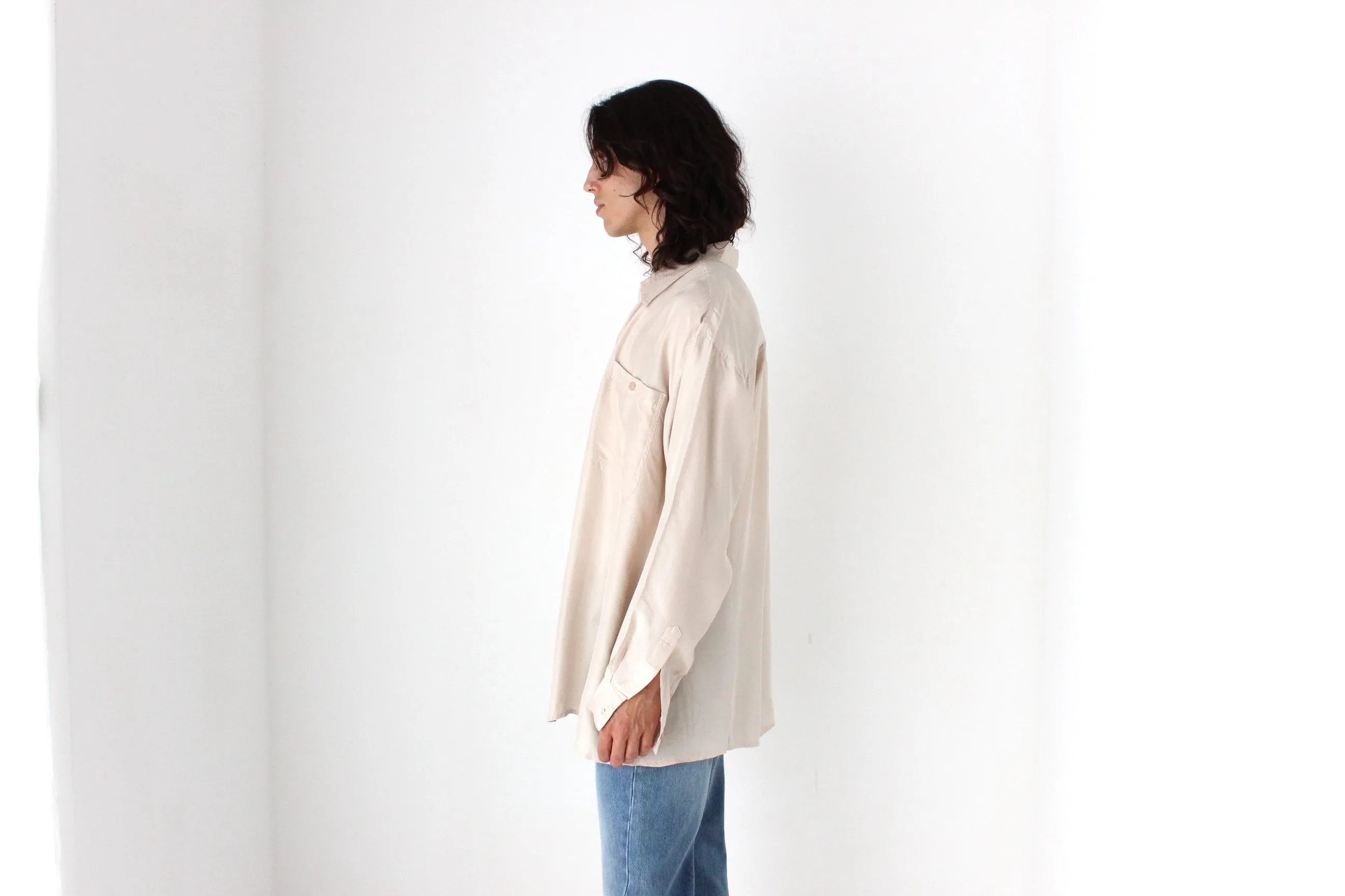80s PURE SILK Relaxed Long Sleeve Shirt in Neutral Beige