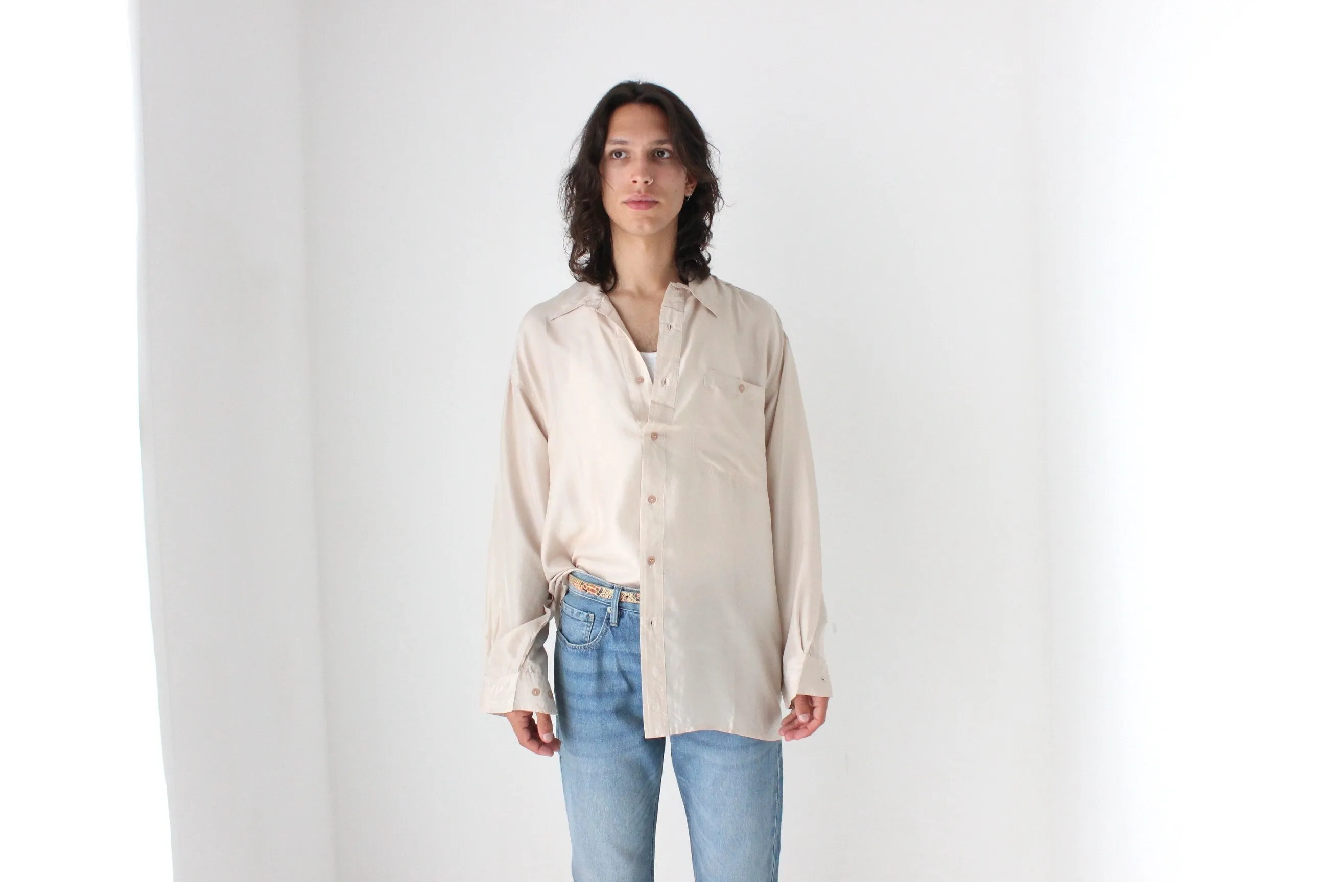 80s PURE SILK Relaxed Long Sleeve Shirt in Neutral Beige