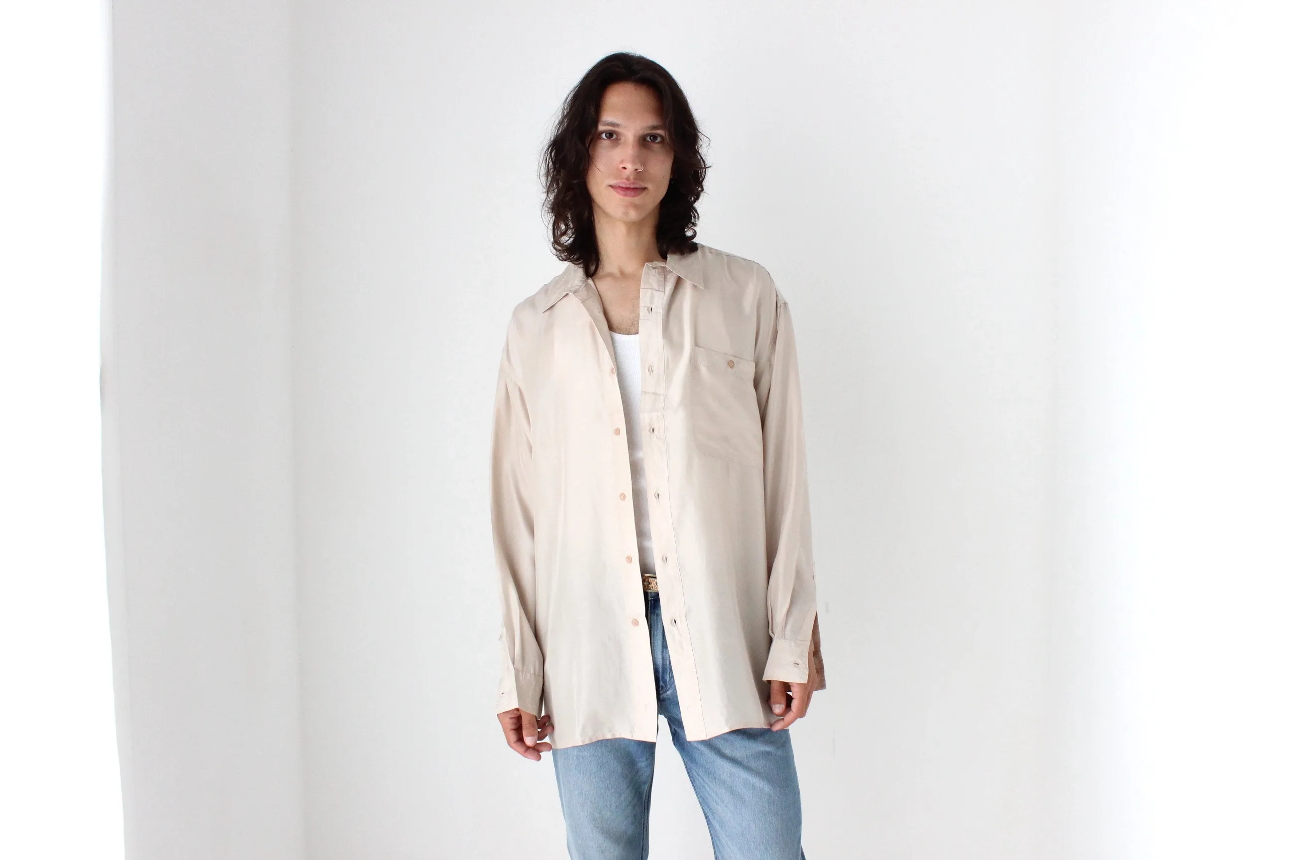 80s PURE SILK Relaxed Long Sleeve Shirt in Neutral Beige