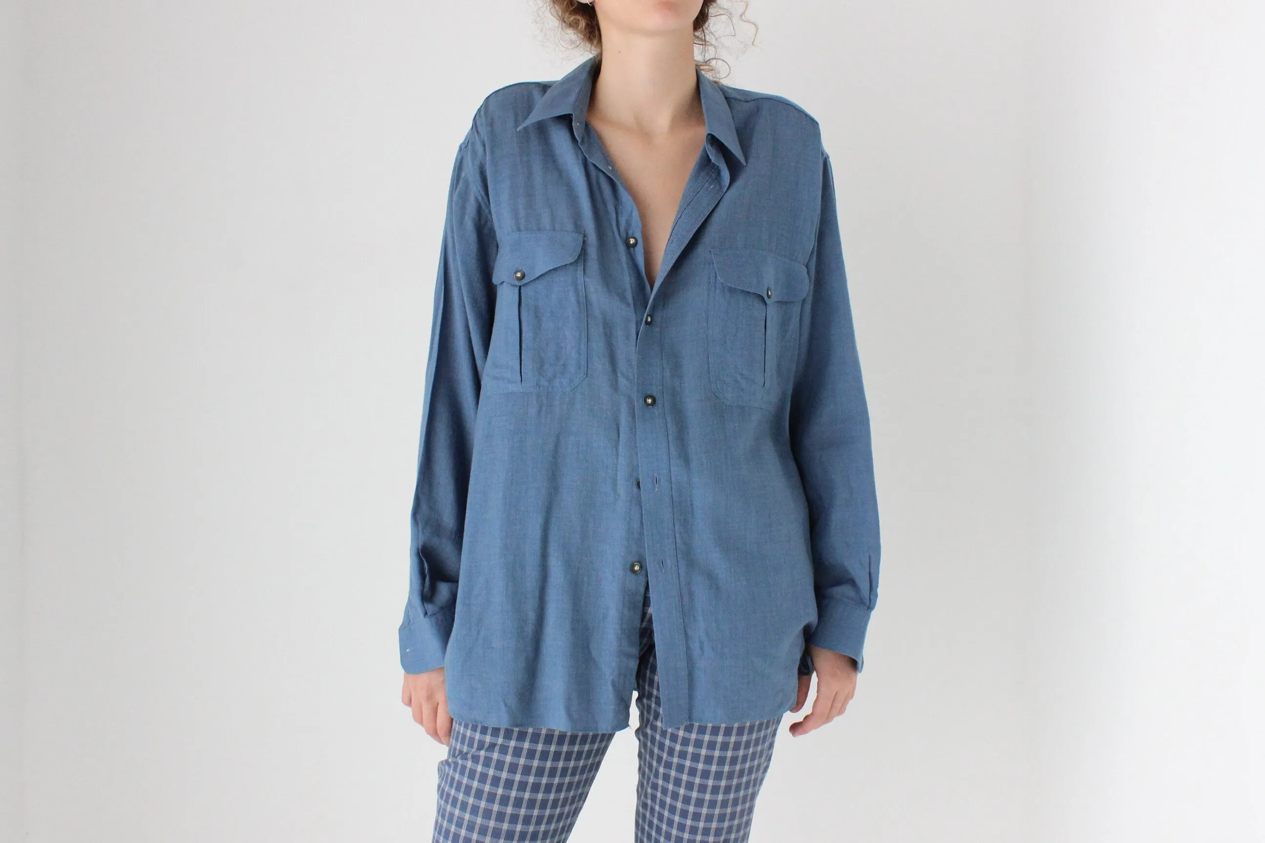 80s Relaxed Wool Blend Oversized Shirt in Denim Blue