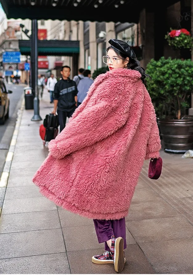 8GIRLS DESIGN FAUX FUR TEDDY LONGLINE COAT IN PINK