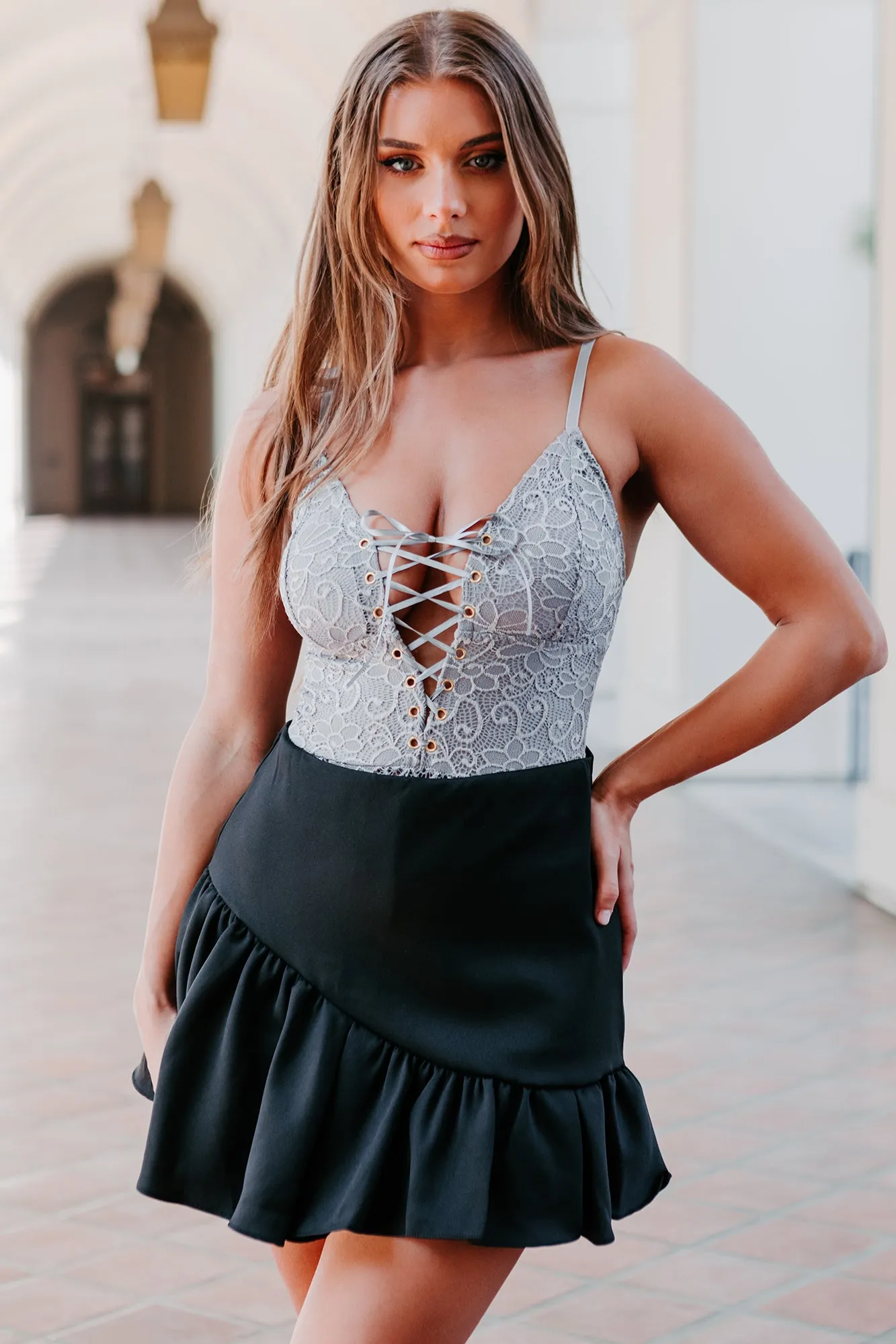 Art Of Seduction Lace-Up Bodysuit (Silver)