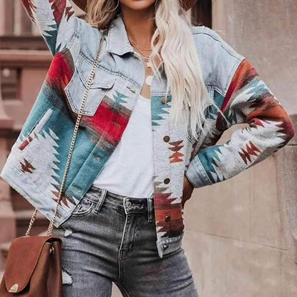 Artsy Button Down Printed Denim Shacket