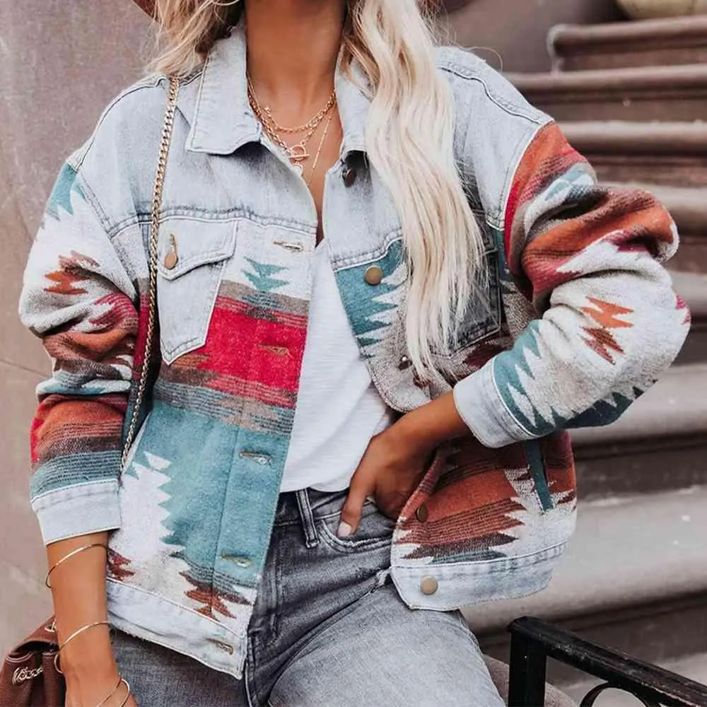 Artsy Button Down Printed Denim Shacket