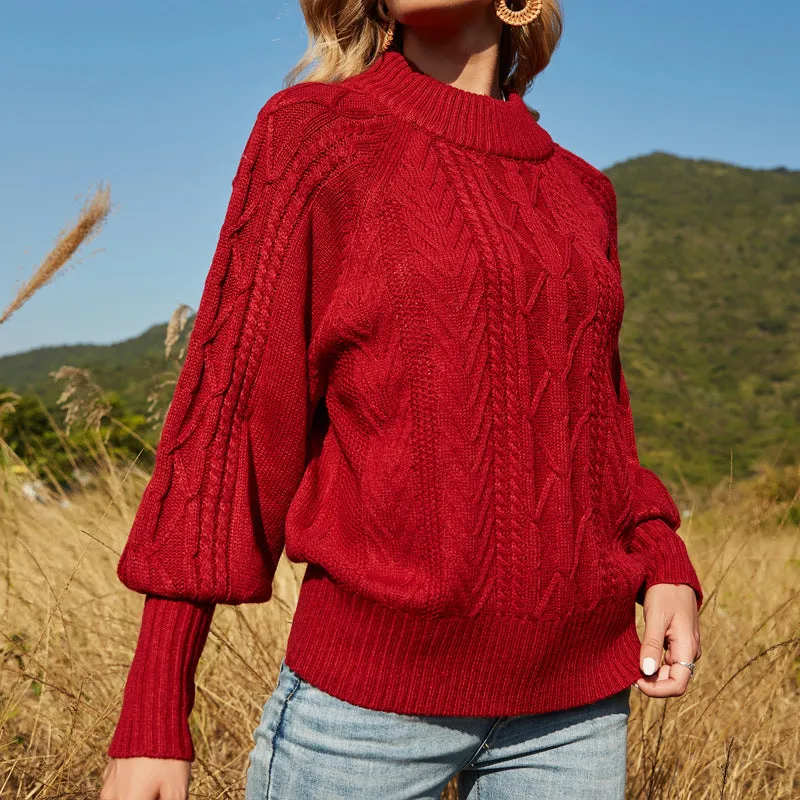 Autumn And Winter Round Neck Lantern Sleeve Solid Color Sweater