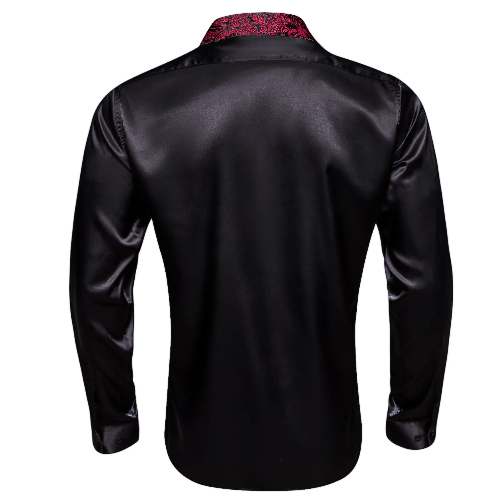 Barry Wang Black Shirt with Red Paisley Cuff Long Sleeve Satin Shirt