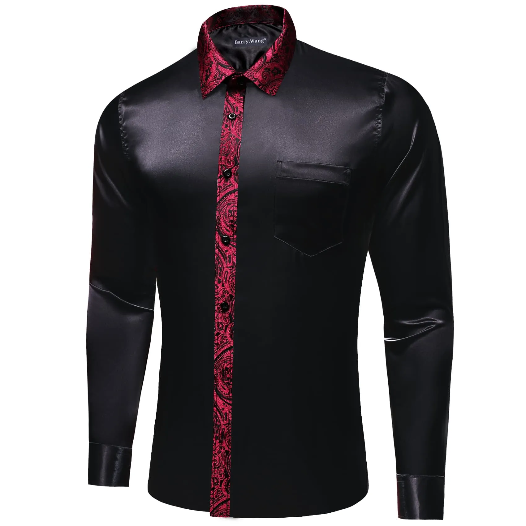 Barry Wang Black Shirt with Red Paisley Cuff Long Sleeve Satin Shirt