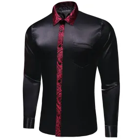 Barry Wang Black Shirt with Red Paisley Cuff Long Sleeve Satin Shirt