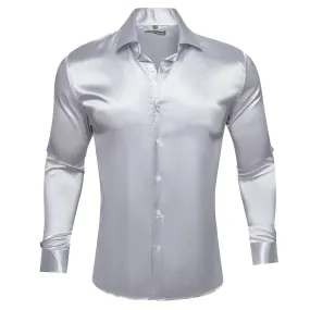 Barry.wang Button Down Shirt Silver Solid Silk Men's Long Sleeve Shirt