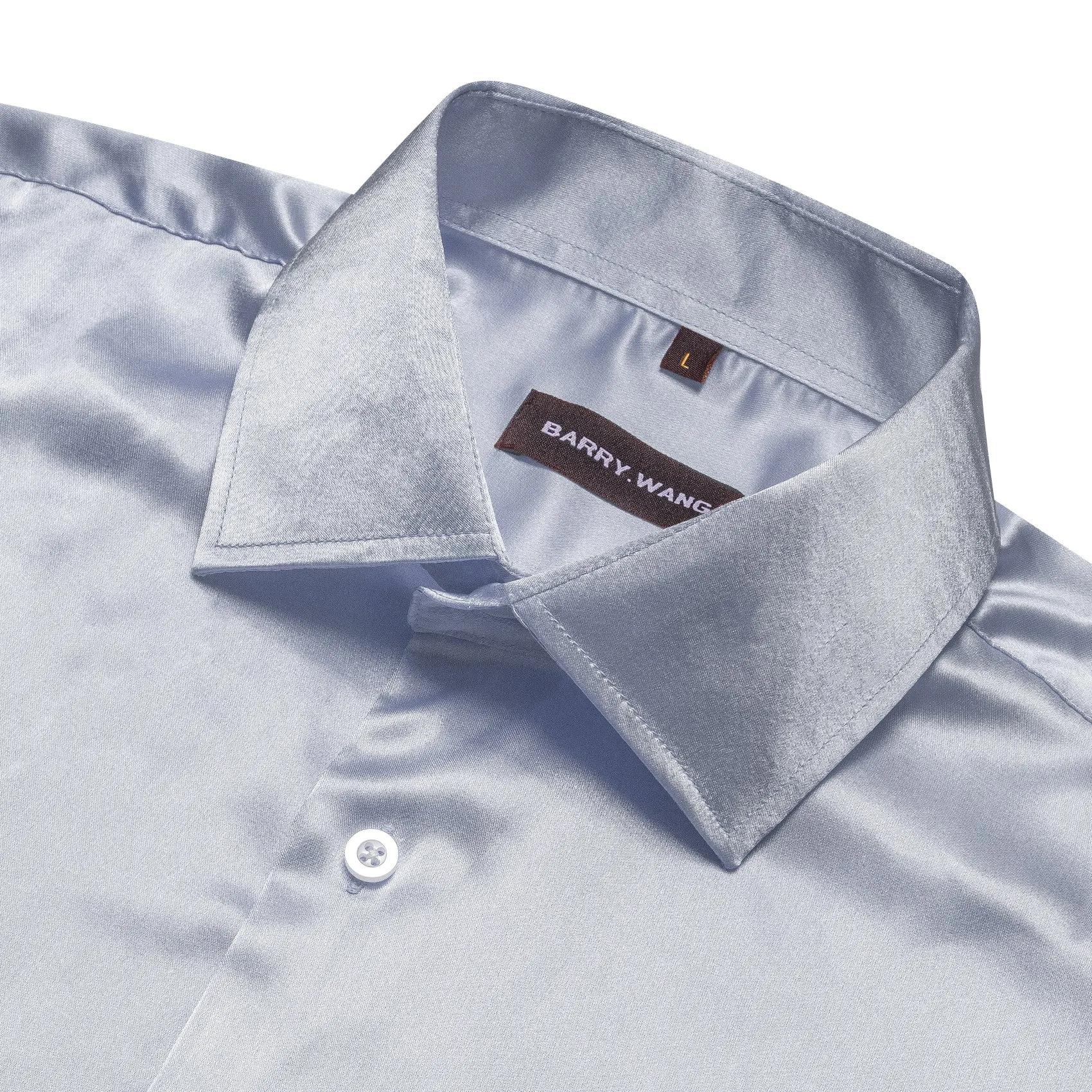Barry.wang Button Down Shirt Silver Solid Silk Men's Long Sleeve Shirt