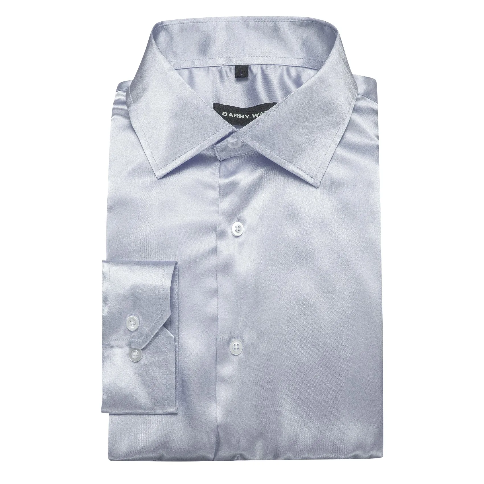 Barry.wang Button Down Shirt Silver Solid Silk Men's Long Sleeve Shirt