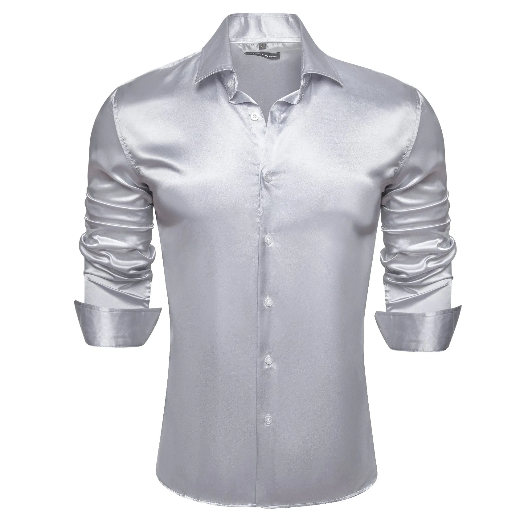 Barry.wang Button Down Shirt Silver Solid Silk Men's Long Sleeve Shirt
