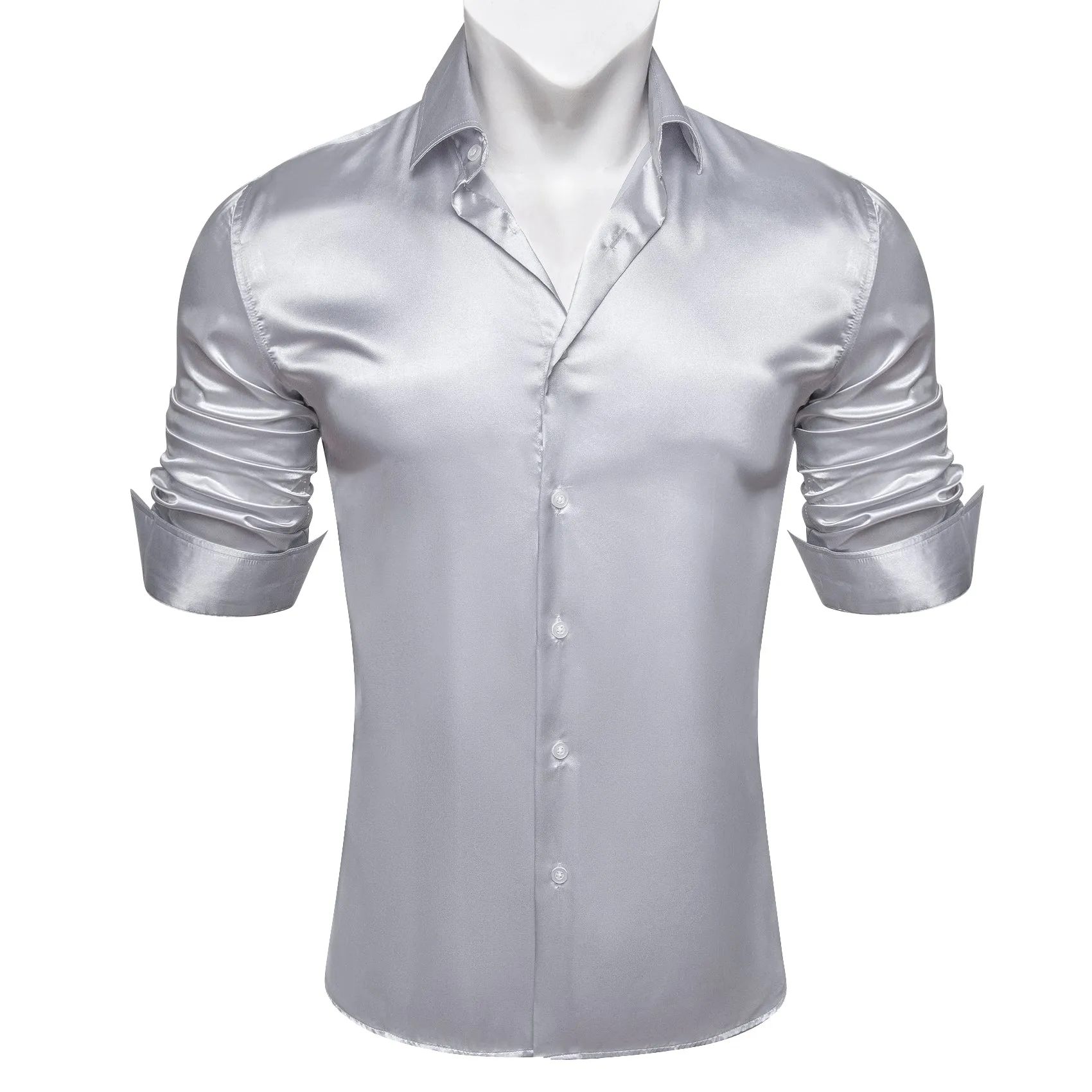 Barry.wang Button Down Shirt Silver Solid Silk Men's Long Sleeve Shirt