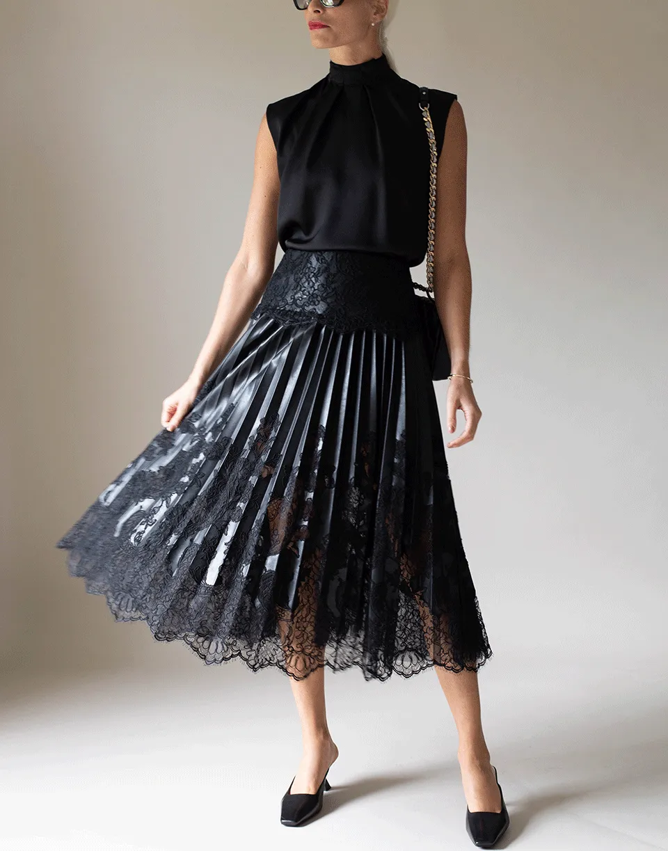 Black Leather Pleated Lace Skirt