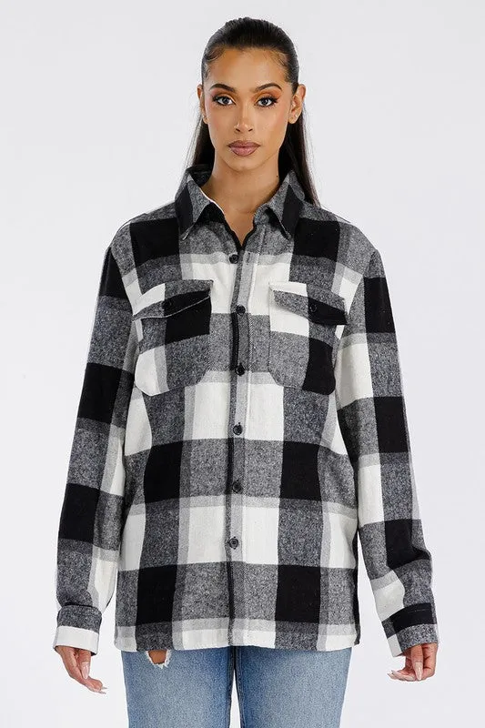Boyfriend Oversized Soft Flannel Shacket | Casual Collared Shacket With Pockets