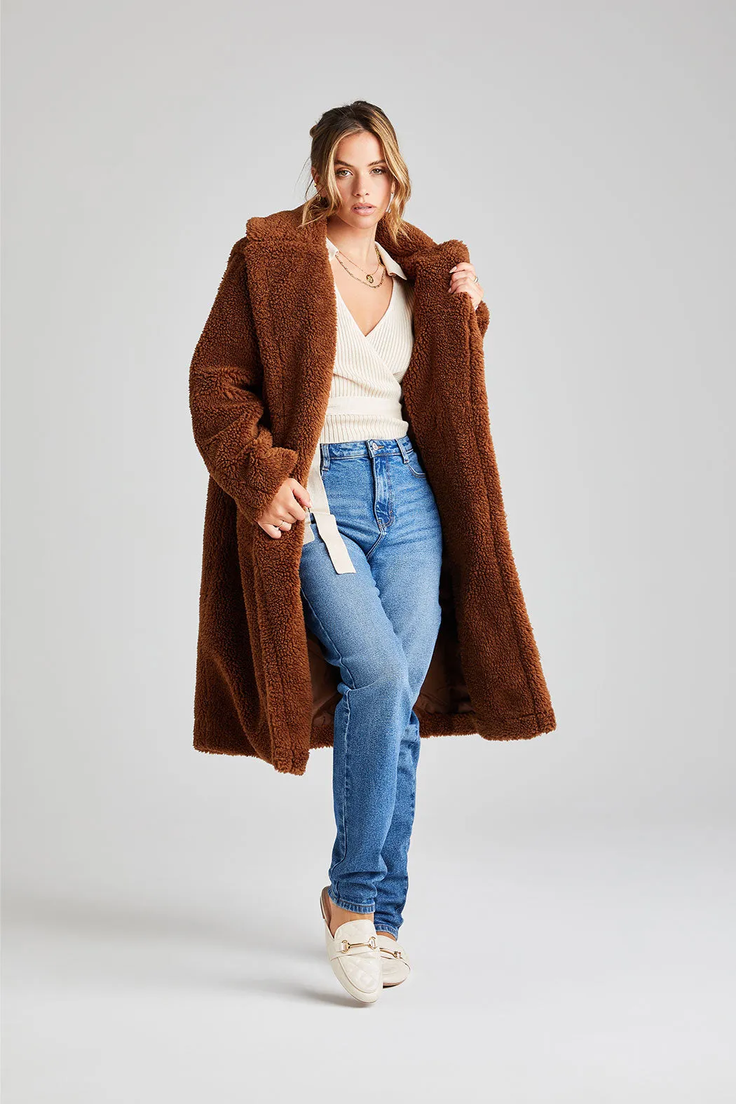 Brown Chelsea Longline Teddy Borg Jacket