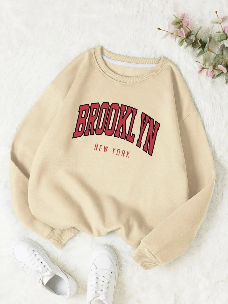 Casual Print Fleece Pullover for Women – Loose Fit O-Neck Sweater with Full Sleeves