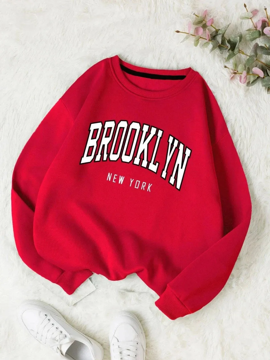 Casual Print Fleece Pullover for Women – Loose Fit O-Neck Sweater with Full Sleeves