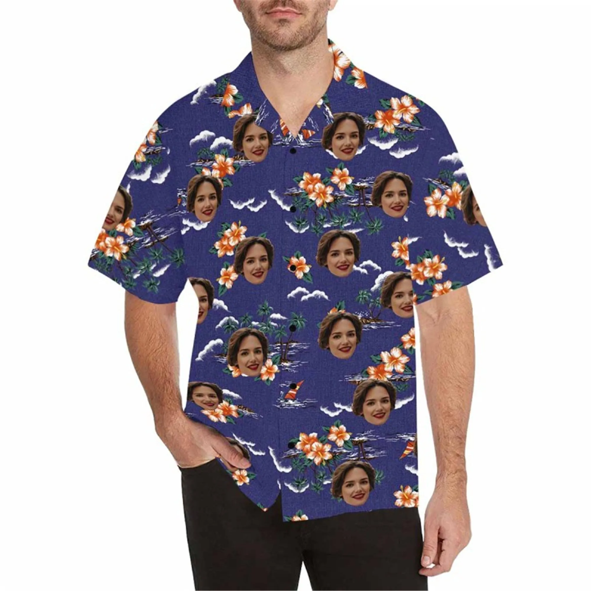 Custom Face Fabric Hawaii Button up Shirt with Red-White Stripe-Eagle-Flag for Men Honolulu Beach Vintage Shirt