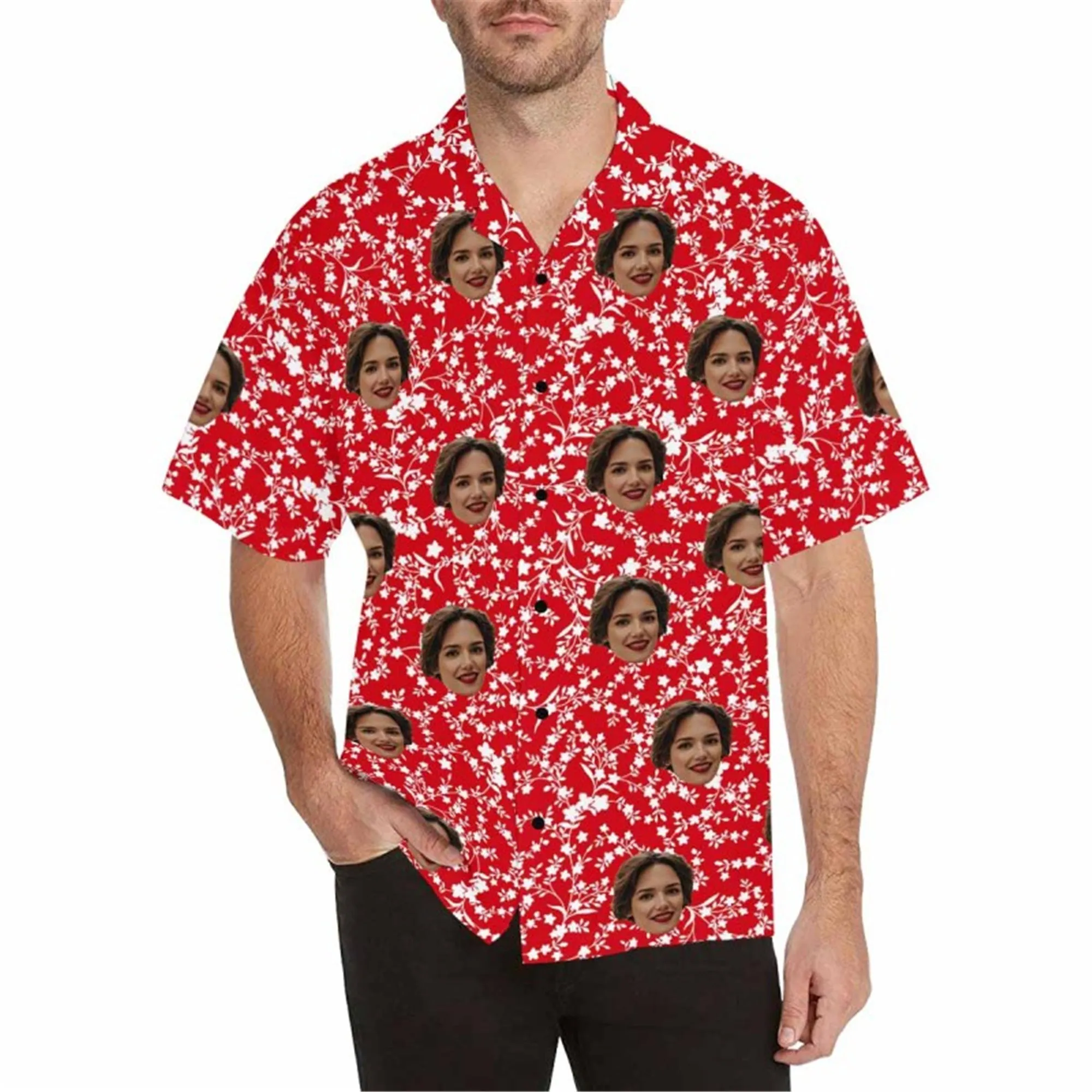 Custom Face Fabric Hawaii Button up Shirt with Red-White Stripe-Eagle-Flag for Men Honolulu Beach Vintage Shirt