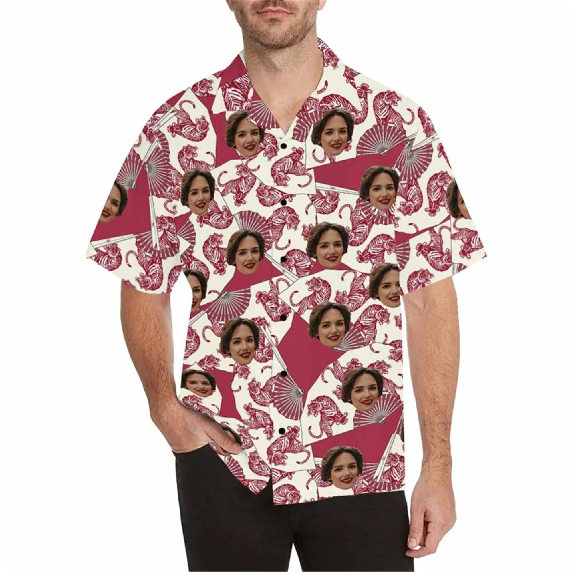Custom Face Fabric Hawaii Button up Shirt with Red-White Stripe-Eagle-Flag for Men Honolulu Beach Vintage Shirt