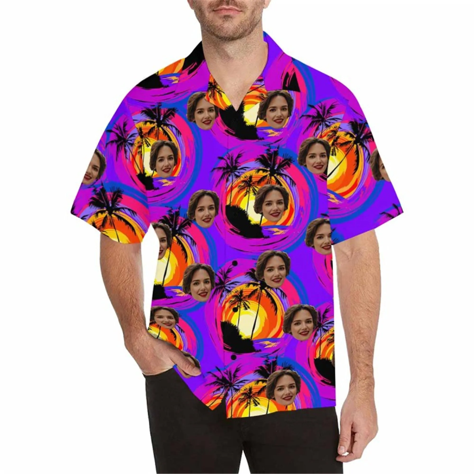 Custom Face Fabric Hawaii Button up Shirt with Red-White Stripe-Eagle-Flag for Men Honolulu Beach Vintage Shirt