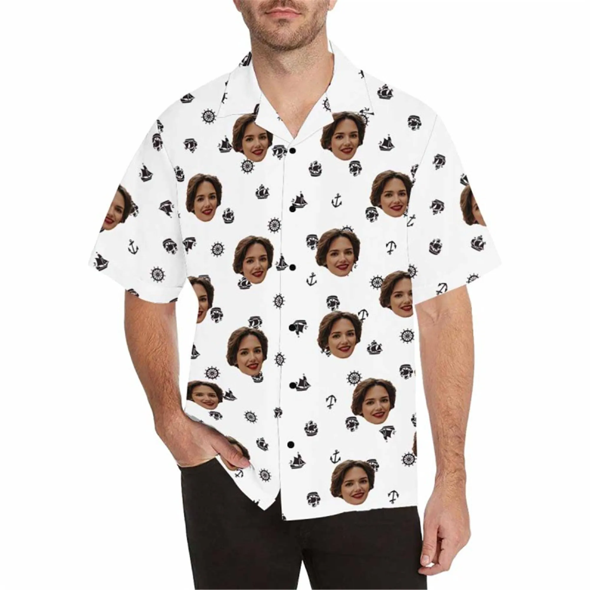 Custom Face Fabric Hawaii Button up Shirt with Red-White Stripe-Eagle-Flag for Men Honolulu Beach Vintage Shirt