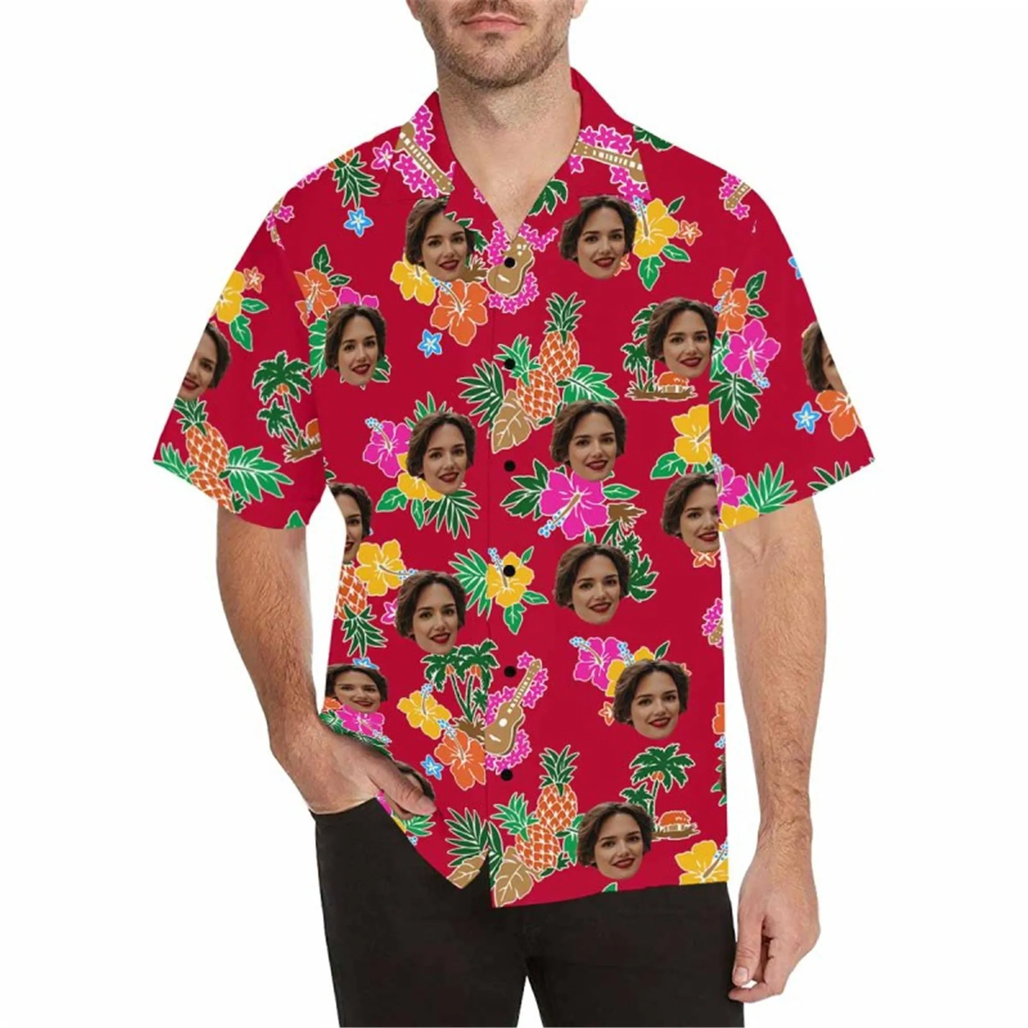 Custom Face Fabric Hawaii Button up Shirt with Red-White Stripe-Eagle-Flag for Men Honolulu Beach Vintage Shirt