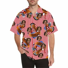 Custom Face Fabric Hawaii Button up Shirt with Red-White Stripe-Eagle-Flag for Men Honolulu Beach Vintage Shirt