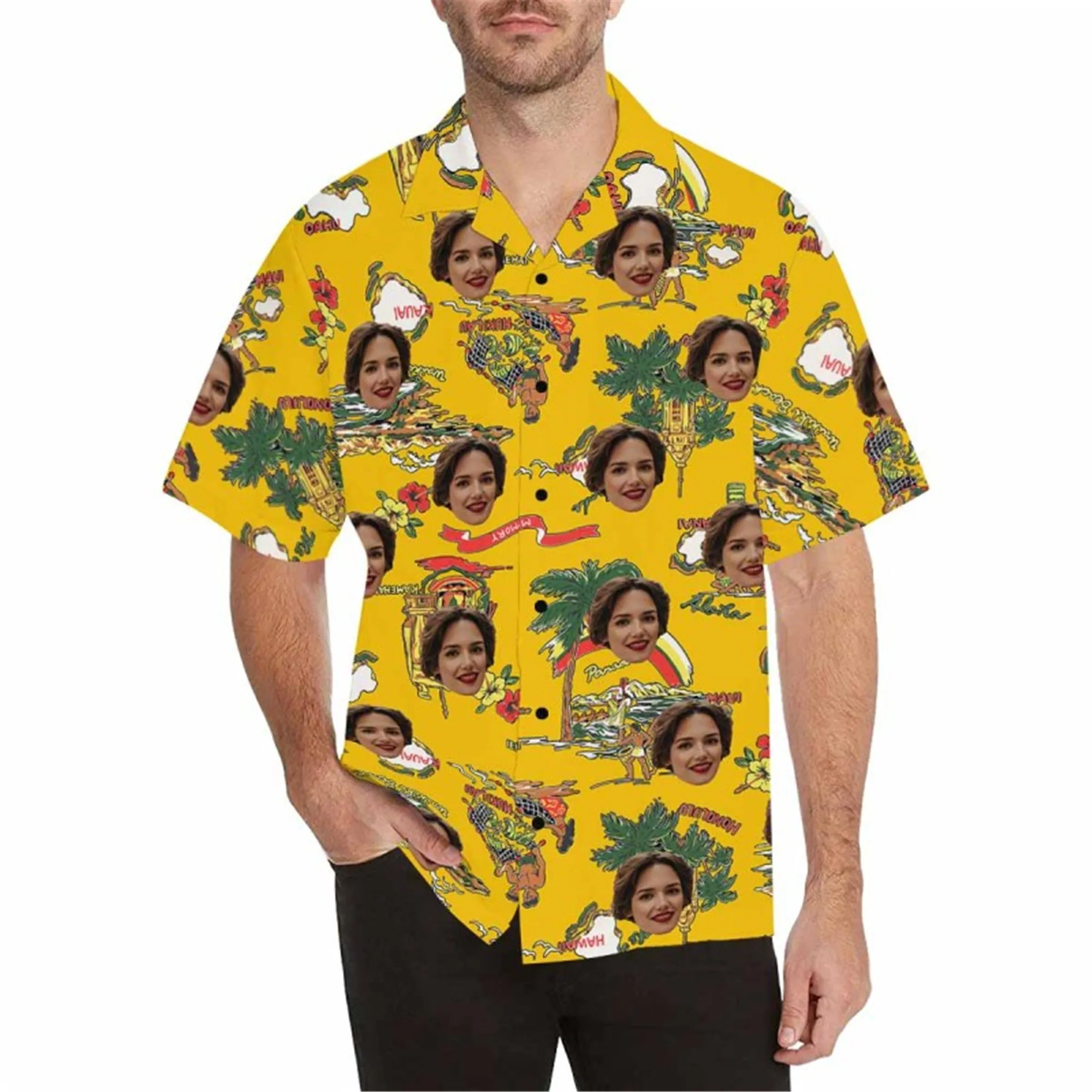 Custom Face Fabric Hawaii Button up Shirt with Red-White Stripe-Eagle-Flag for Men Honolulu Beach Vintage Shirt
