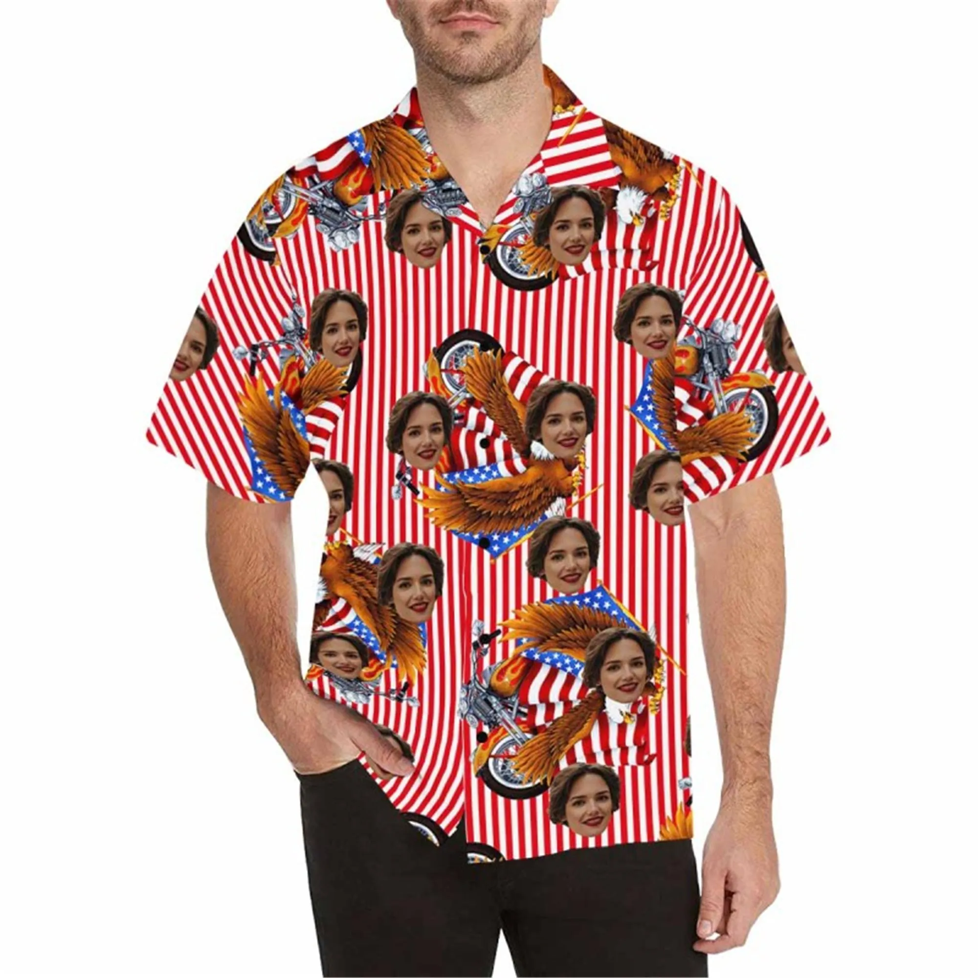 Custom Face Fabric Hawaii Button up Shirt with Red-White Stripe-Eagle-Flag for Men Honolulu Beach Vintage Shirt