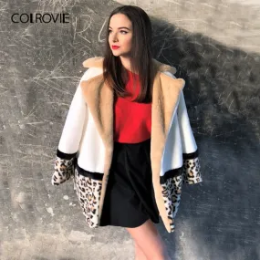 Cut And Sew Leopard Panel Streetwear Faux Fur Coat Casual Warm Winter Coats 2019 Women Coat Fashion Lady Outerwear