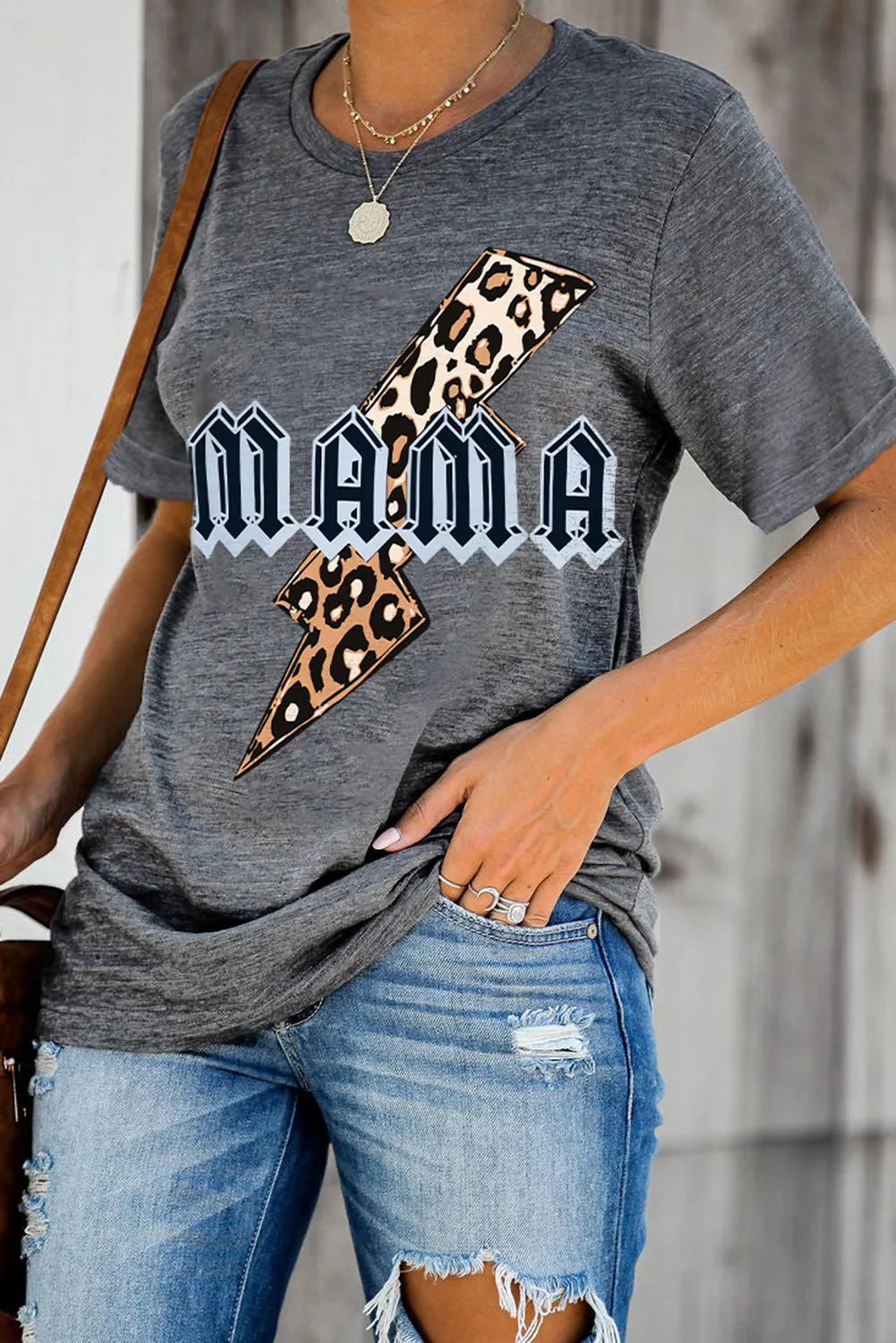 Dark Gray Mama Leopard Print Graphic T-Shirt